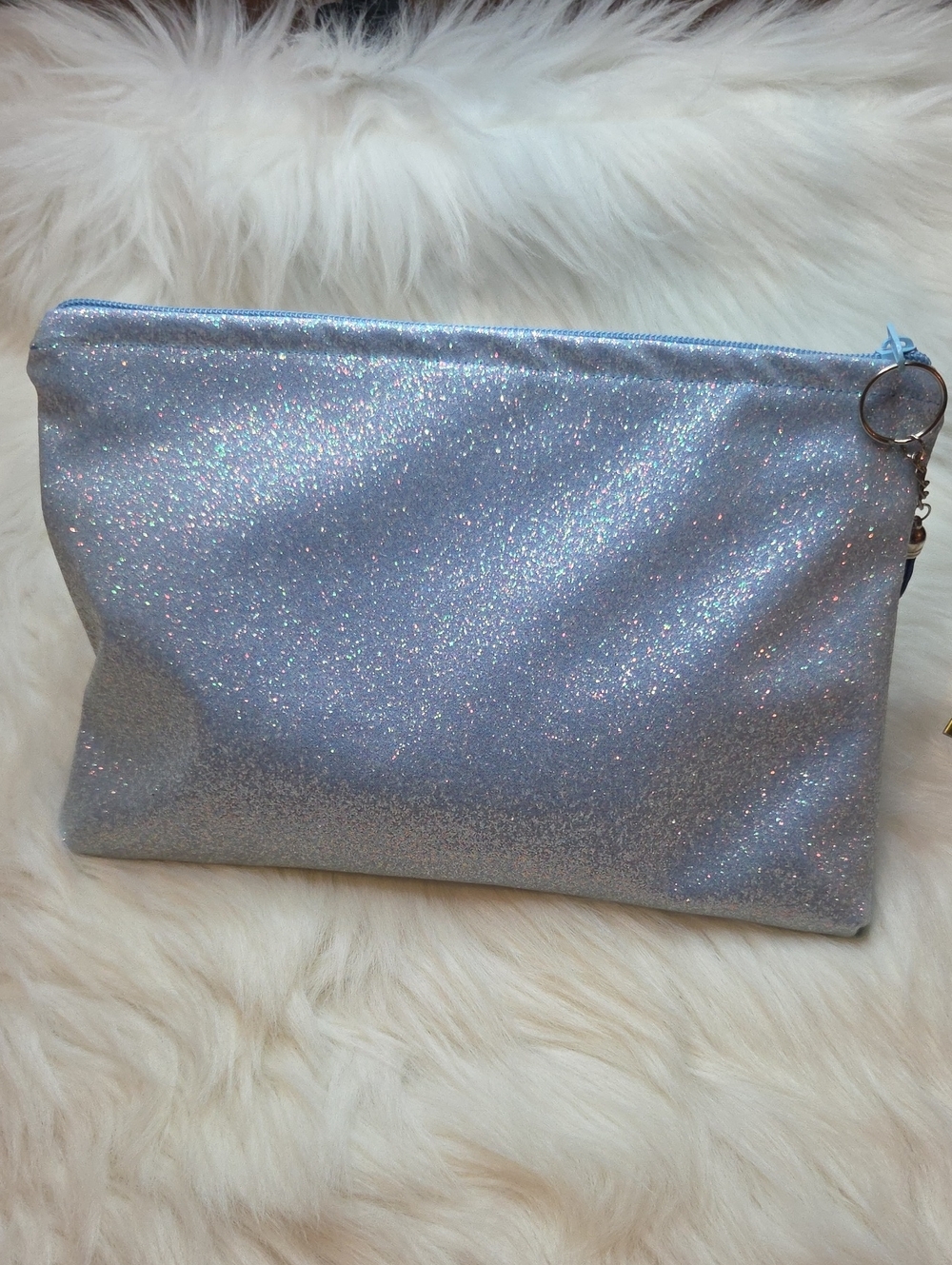 Glitter Blue Faux Leather Zip Pouch Cosmetic Bag.